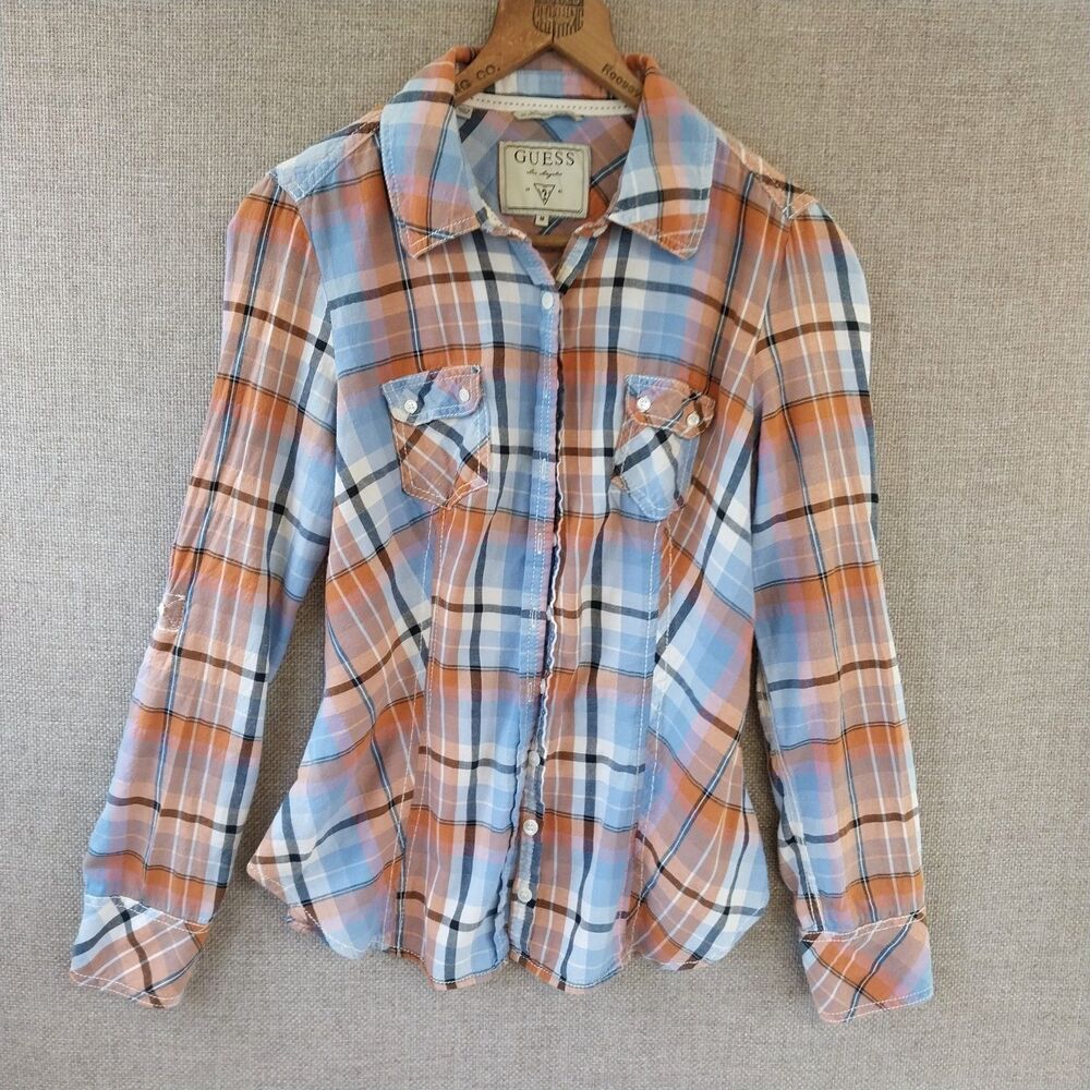 Guess Los Angeles Womens Classic Tailored Western Plaid  Pockets Buttons  Size M